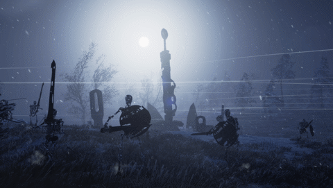 Screenshot of multiple skeletons attacking in front of a large Norse ruin