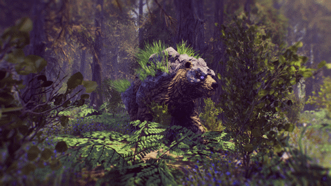 In-game screenshot of a bear with purple eyes and a stony, mossy fur coat