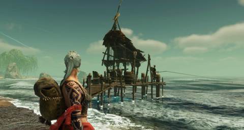 Screenshot of a character watching another character fishing on a pier
