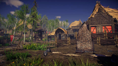 Screenshot of a quiet Viking village from a ground perspective